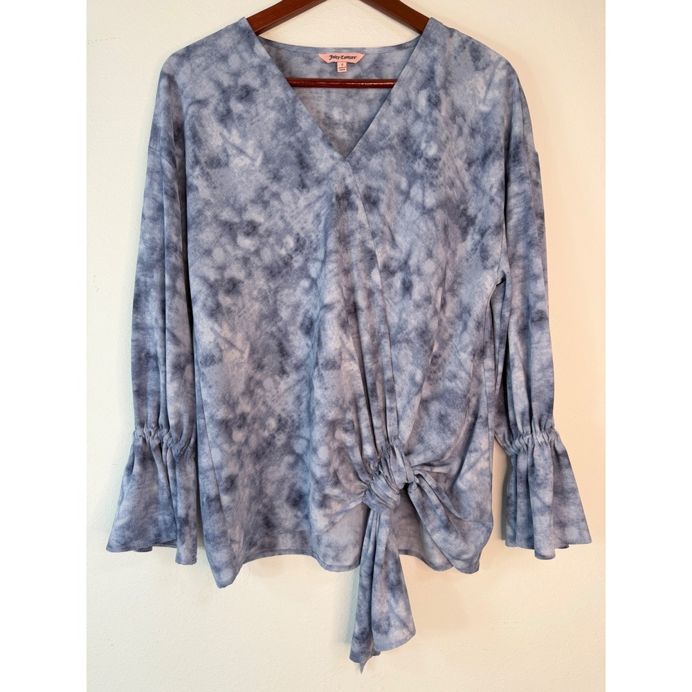 Juicy Couture Blue Tie‎ Dye Bell Sleeve Top Asymmetric Tie Waist Boho Festival